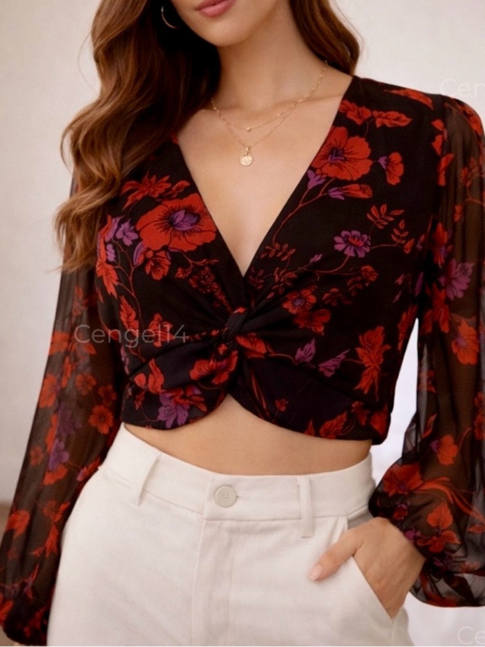 Sanctuary Floral Chiffon Twist Front Crop Top Balloon Sleeve L NWT